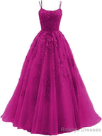Womens Lace Appliques Prom Dress Long Spaghetti Strap Ball Gowns Tulle Prom Dresses for Prom