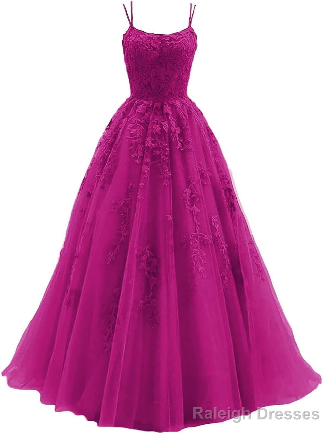 Womens Lace Appliques Prom Dress Long Spaghetti Strap Ball Gowns Tulle Prom Dresses for Prom