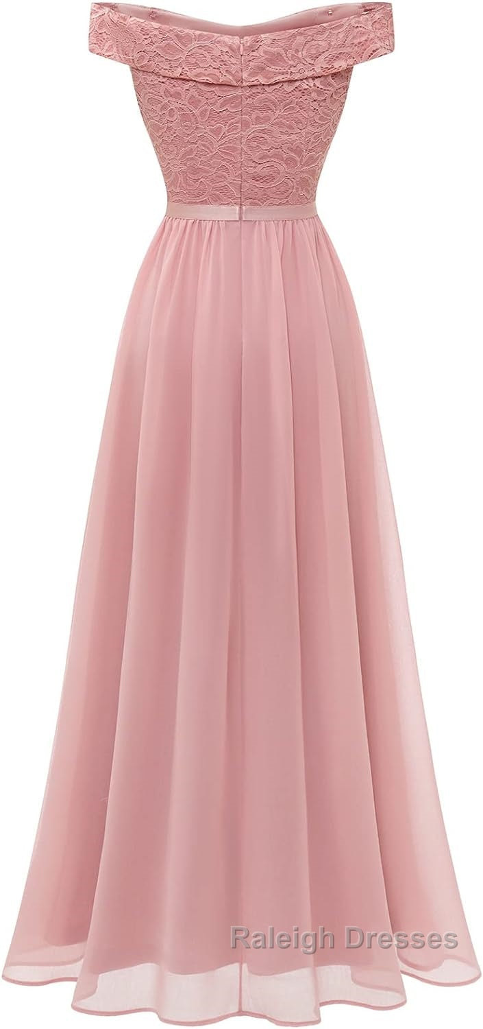 Womens Lace Bridesmaid Dresses A Line Off Shoulder Floral Lace Chiffon Prom Dress Secondary image