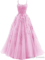 Womens Lace Appliques Prom Dress Long Spaghetti Strap Ball Gowns Tulle Prom Dresses for Prom