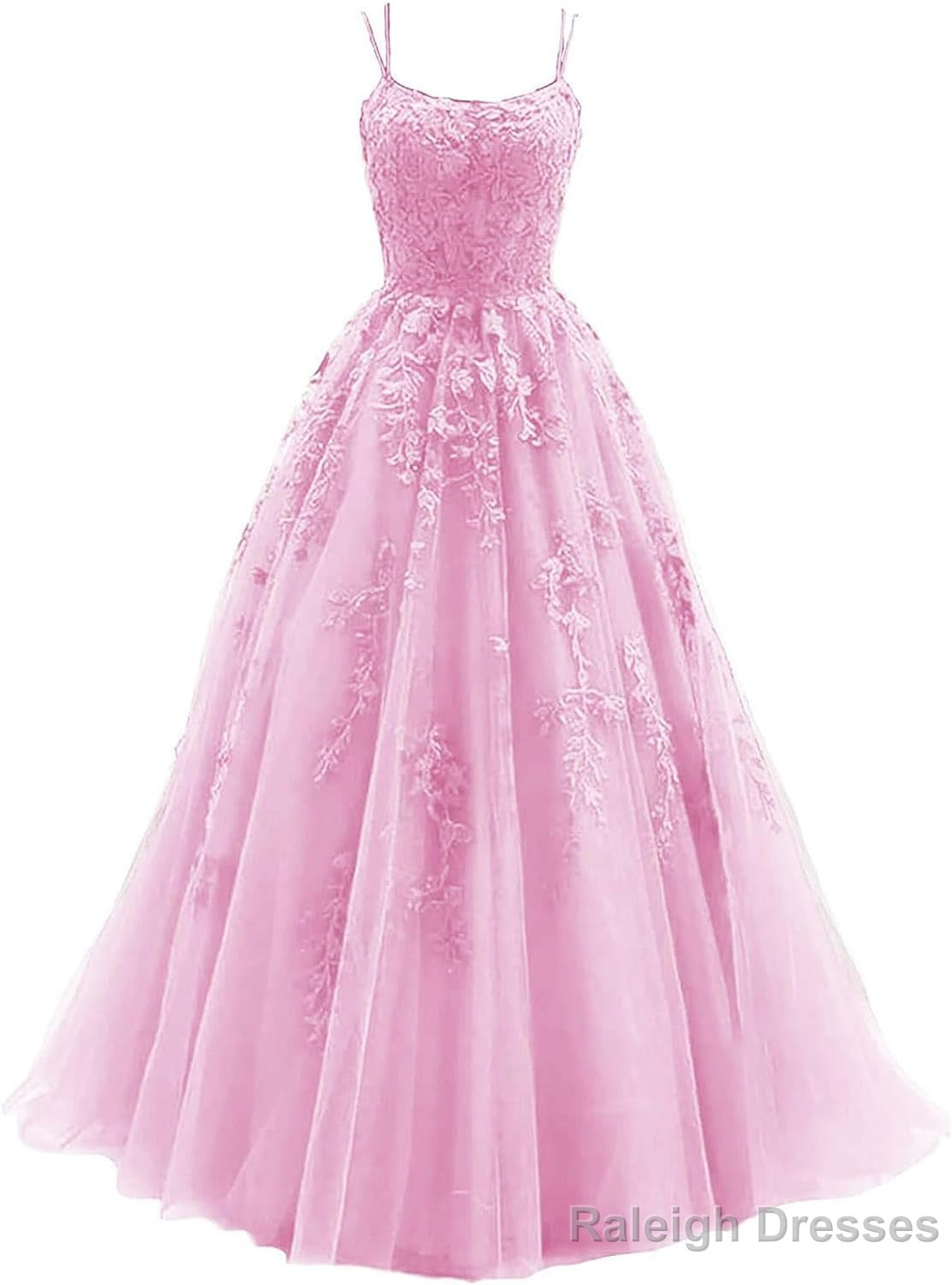 Womens Lace Appliques Prom Dress Long Spaghetti Strap Ball Gowns Tulle Prom Dresses for Prom