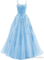 Womens Lace Appliques Prom Dress Long Spaghetti Strap Ball Gowns Tulle Prom Dress for Prom
