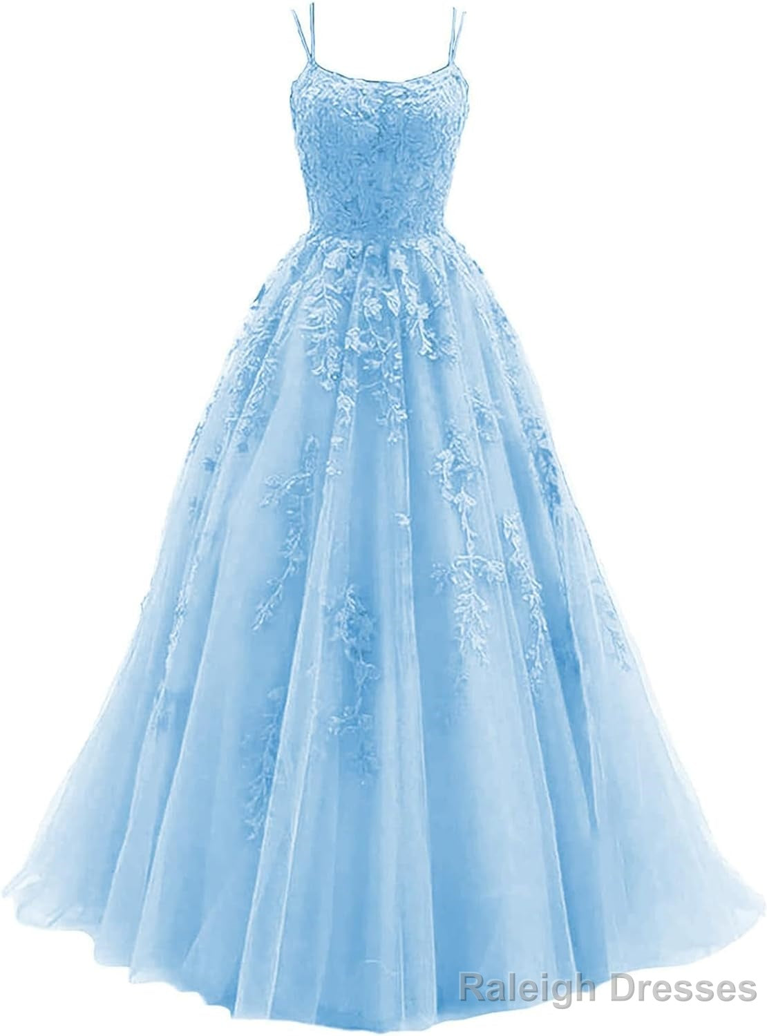 Womens Lace Appliques Prom Dress Long Spaghetti Strap Ball Gowns Tulle Prom Dress for Prom