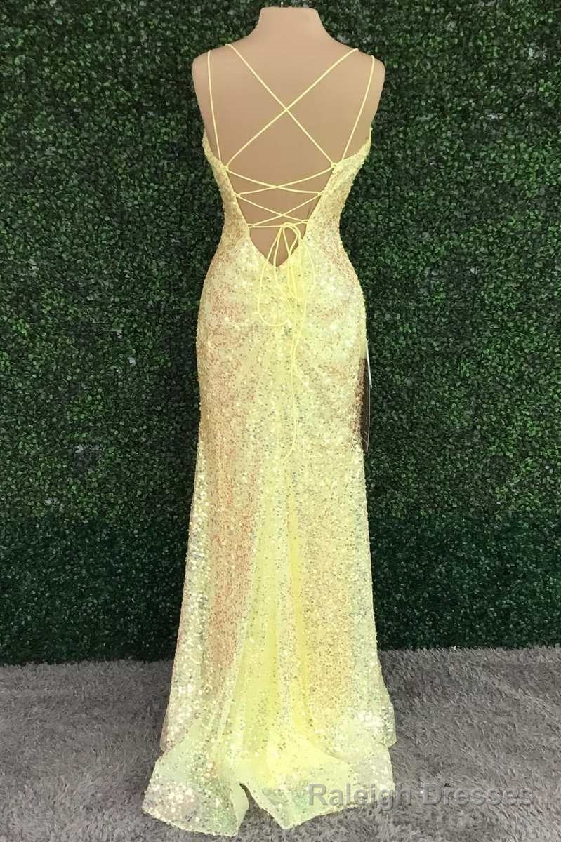 Yellow Sequin V-Neck Lace-Up Back Long Prom Dress with Slit