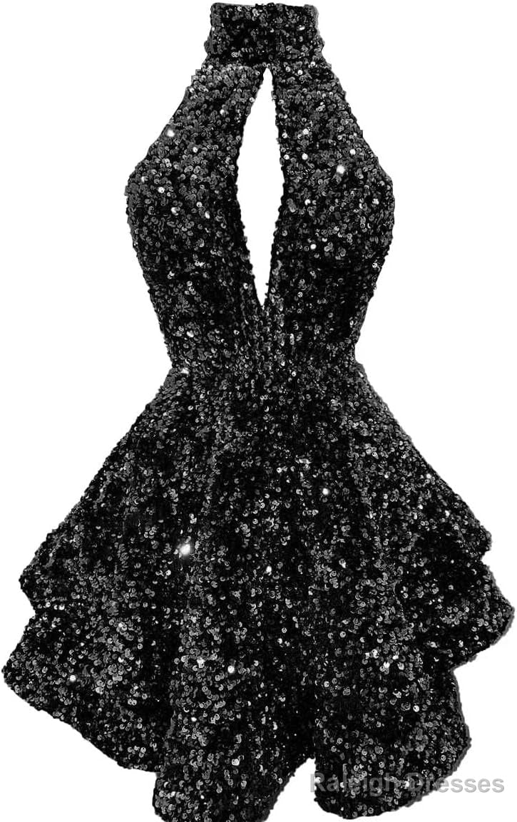 Halter Sequin Homecoming Dress Short Sparkly Glitter Cutout Mini Backless Tight Bodycon Prom Cocktail Dress for Women