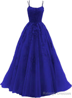 Womens Lace Appliques Prom Dresses Long Spaghetti Strap Ball Gowns Tulle Formal Dress for Party