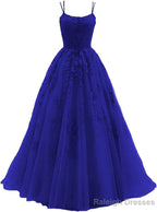 Womens Lace Appliques Prom Dress Long Spaghetti Strap Ball Gowns Tulle Prom Dresses for Prom