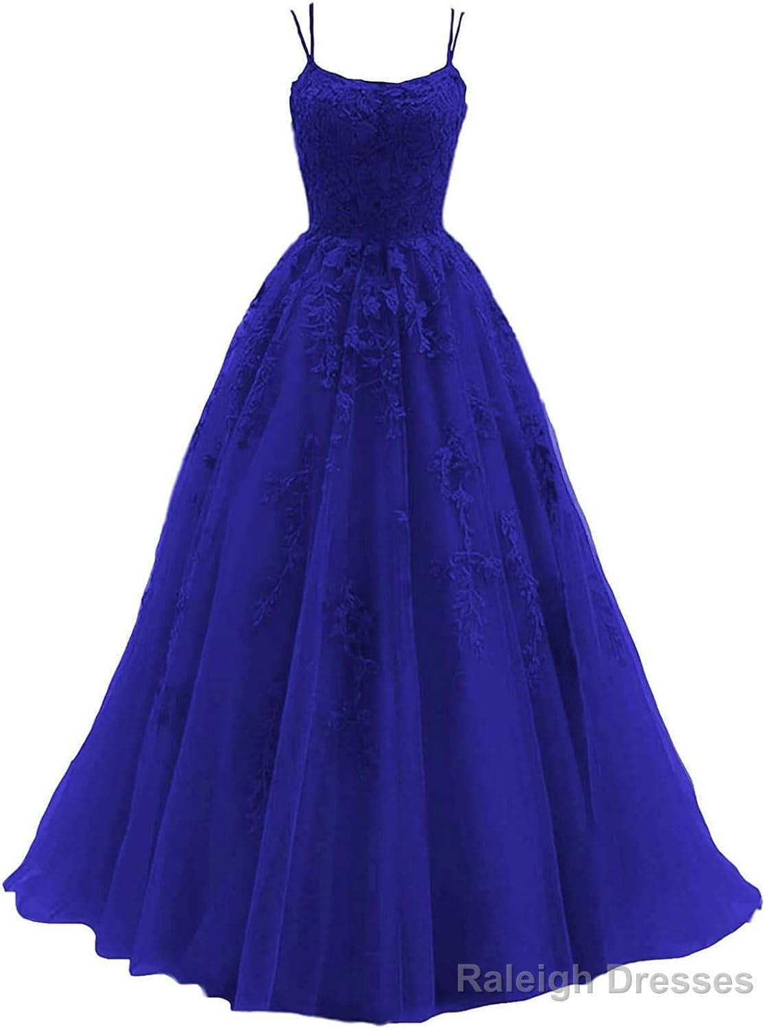 Womens Lace Appliques Prom Dresses Long Spaghetti Strap Ball Gowns Tulle Formal Dress for Party