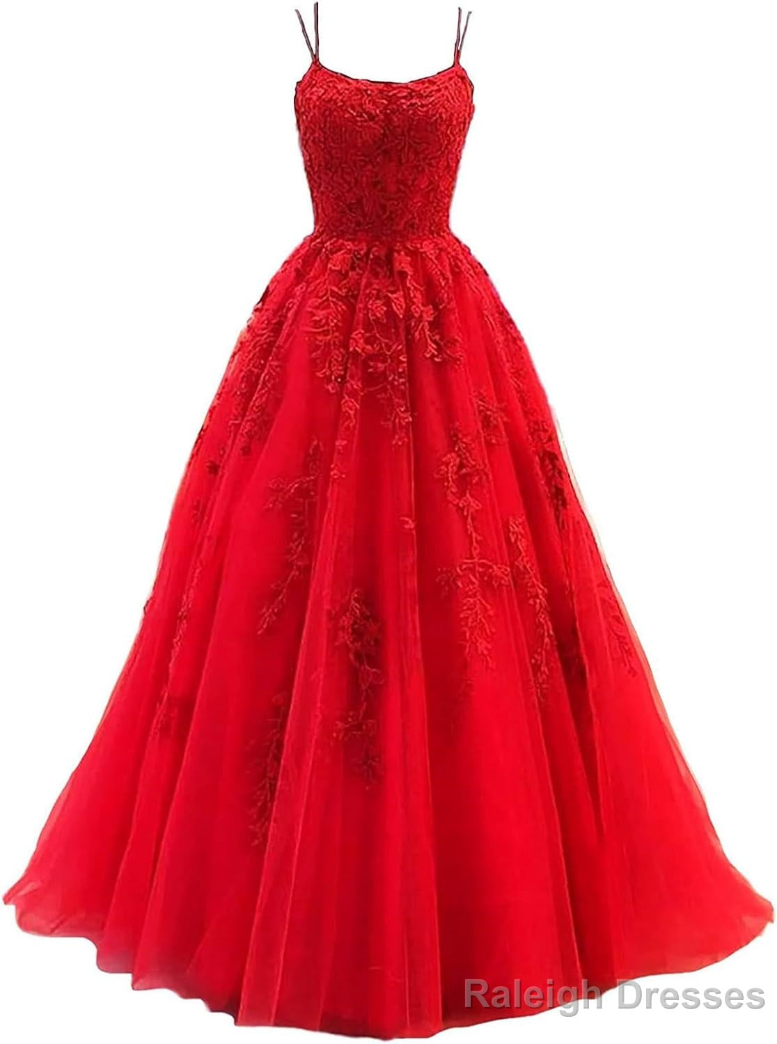 Womens Lace Appliques Prom Dresses Long Spaghetti Strap Ball Gowns Tulle Formal Dress for Party