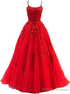 Womens Lace Appliques Prom Dress Long Spaghetti Strap Ball Gowns Tulle Prom Dresses for Prom