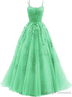 Womens Lace Appliques Prom Dress Long Spaghetti Strap Ball Gowns Tulle Prom Dress for Prom