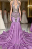 Long Lilac Sleeveless Halter Mermaid Prom Dress With Beadings