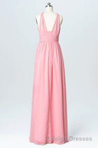 Pink Chiffon Halter Backless A Line Long Bridesmaid Dresses
