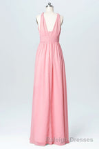 Pink Chiffon Halter Backless A-Line Long Bridesmaid Dress