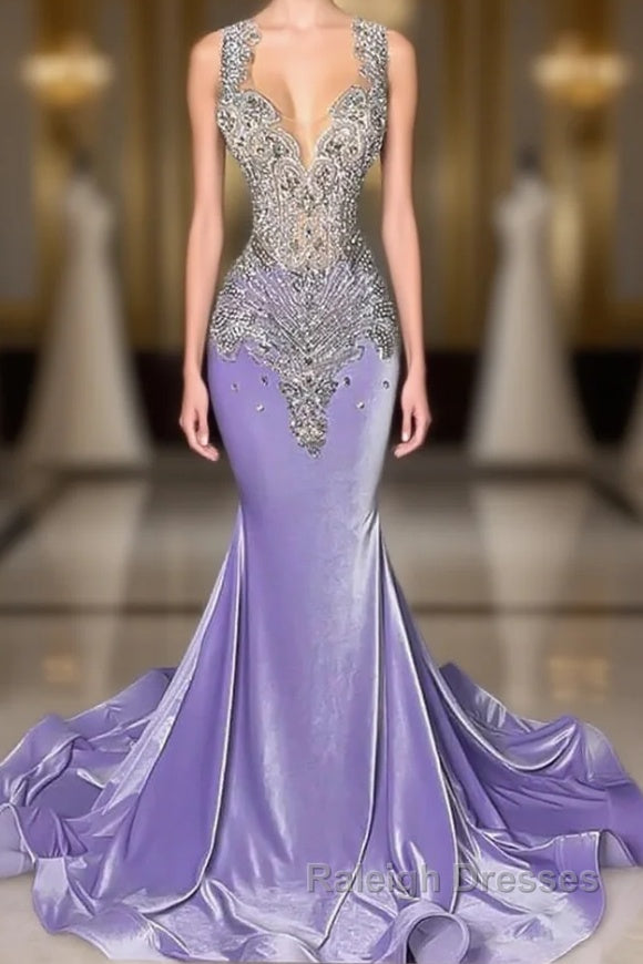 Lilac Mermaid Prom Dress with Scoop Neckline Sleeveless and Crystal Beadings Main image
