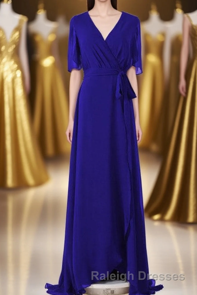Royal Blue Chiffon Wrap Long Bridesmaid Dresses Main image