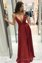 Red Spaghetti Straps V-neck Long Prom Dress, Shiny A Line Party Gown