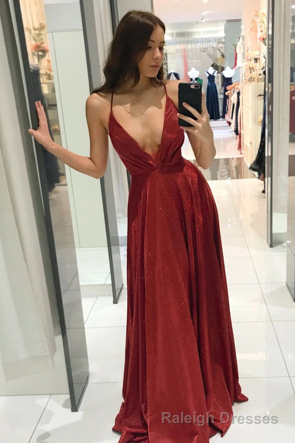 Red Spaghetti Straps V-neck Long Prom Dress, Shiny A Line Party Gown