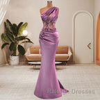 Lilac One Shoulder Mermaid Prom Dress with Beads