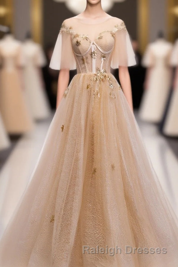 Champagne Round Neck Tulle Lace Long Prom Dress, Formal Dress Main image