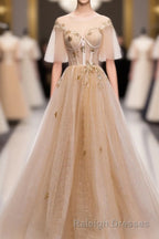 Champagne Round Neck Tulle Lace Long Prom Dress, Formal Dress