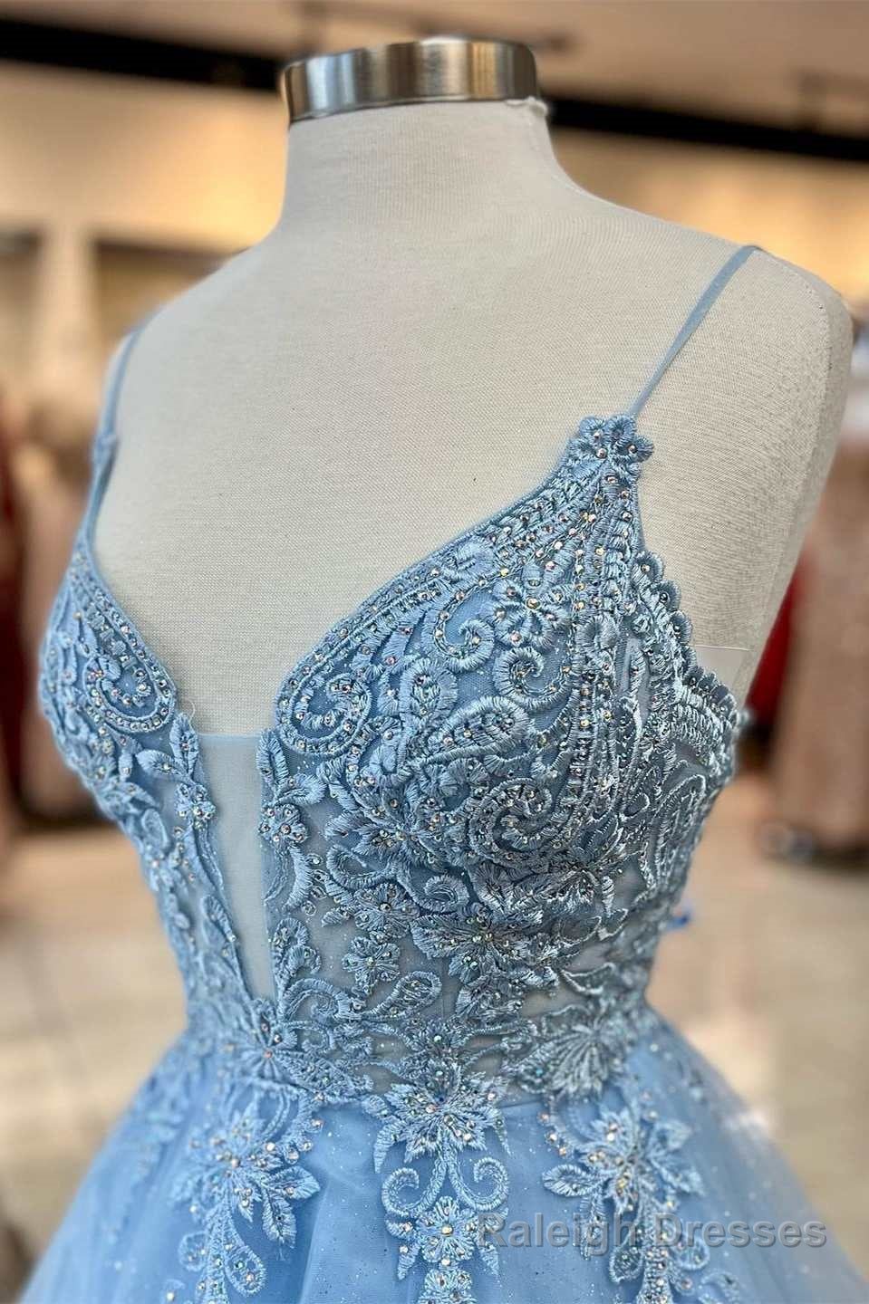 Light Blue Tulle Lace Plunge Neck A Line Prom Dress Secondary image