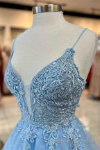 Light Blue Tulle Lace Plunge Neck A Line Prom Dress