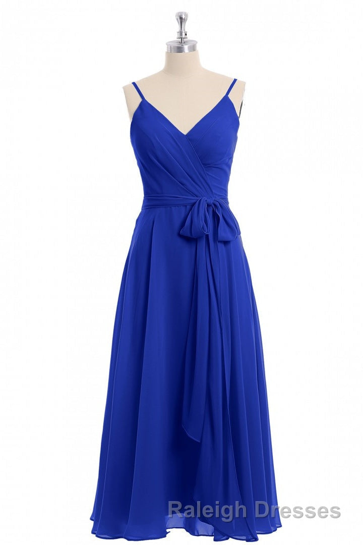 Royal Blue V Neck Spaghetti Straps Tea-Length Bridesmaid Dresses