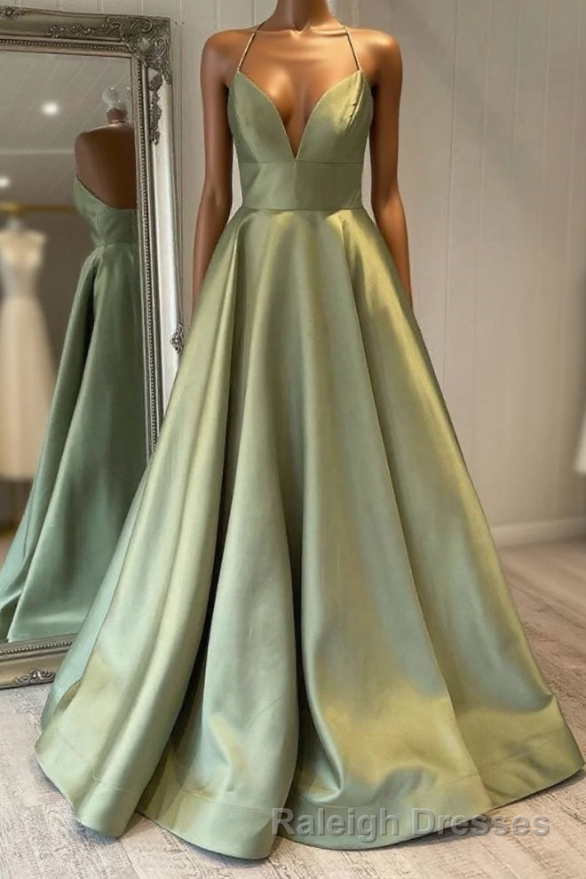 Green Simple A Line Satin Spaghetti Straps Long Prom Dresses Main image