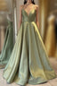 Green Simple A Line Satin Spaghetti Straps Long Prom Dress