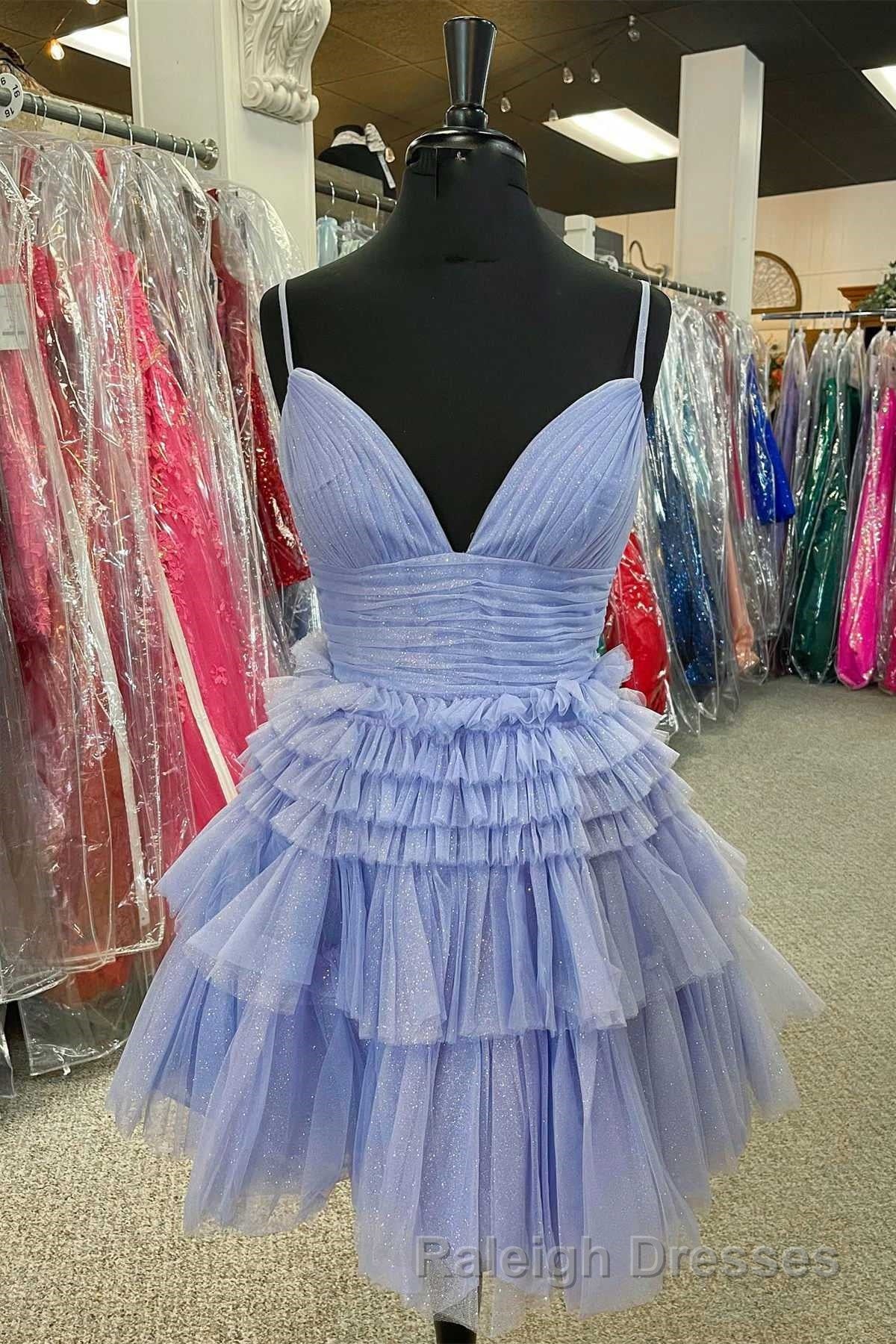 Multi-Tiered V Neck Backless A Line Short Prom Dresses