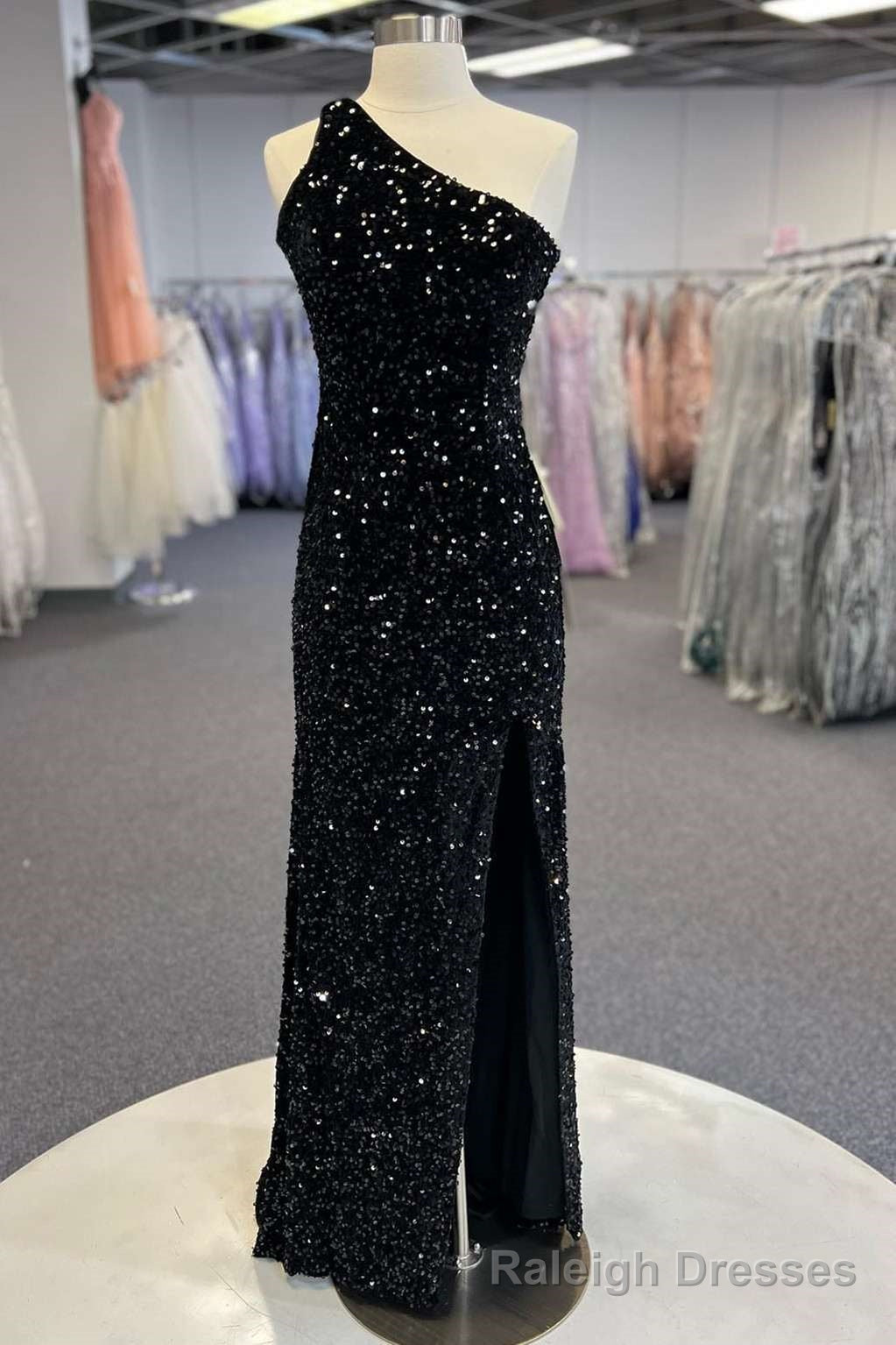 Black Sequin One Shoulder Cutout Long Prom Dress Main image