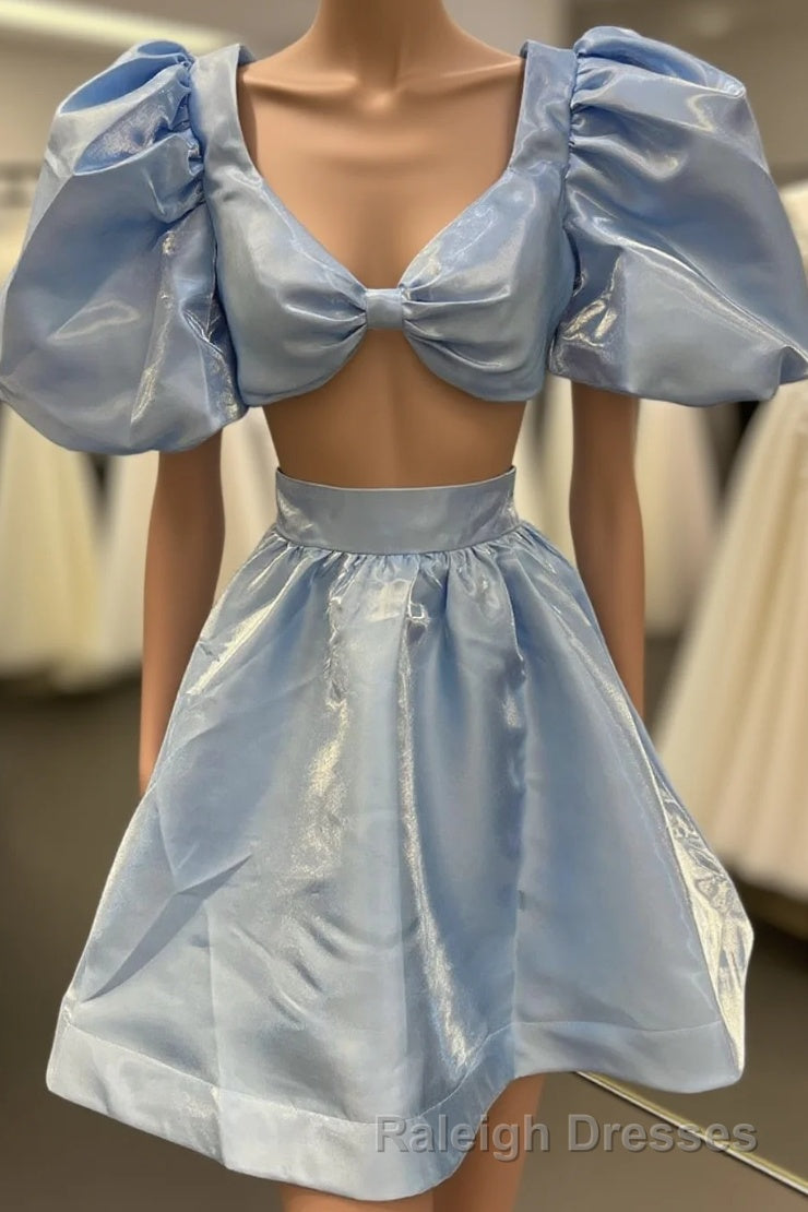 Light Blue Two-Piece Puff Sleeves A Line Homecoming Dresses Main image