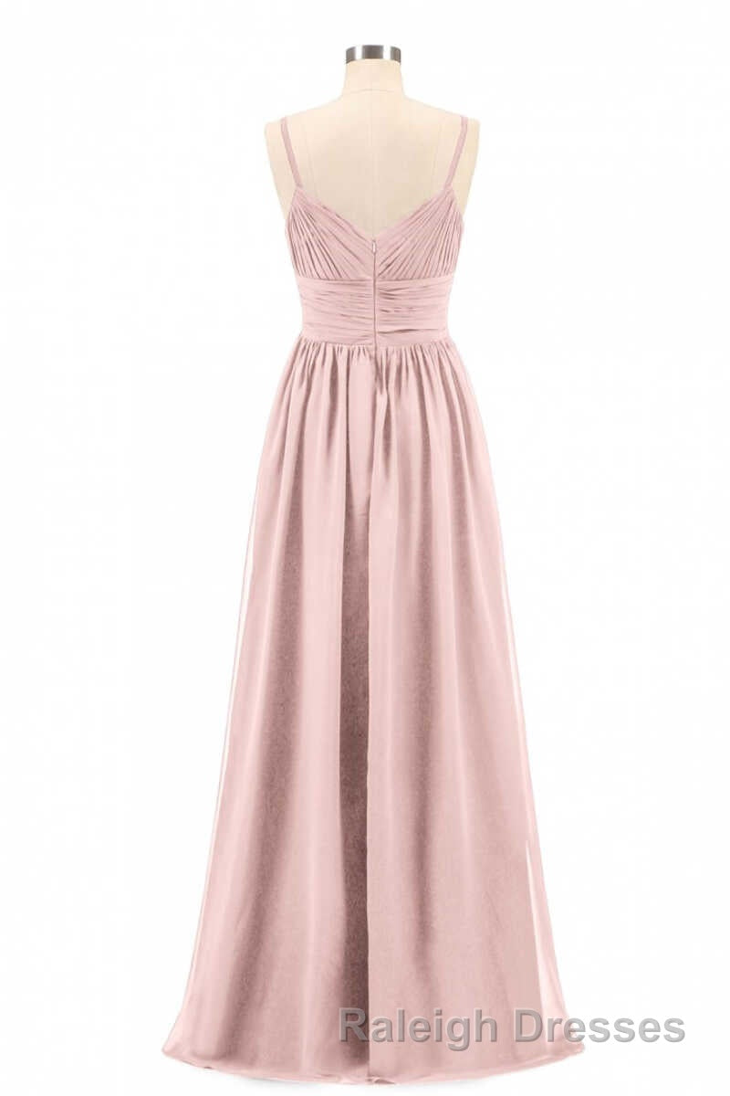 Dusty Pink Spaghetti Straps Banded Waist Long Bridesmaid Dresses