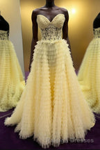 Yellow Lace-Up Floral Multi-Layers Strapless A Line Long Prom Dresses