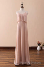 Blush Pink Spaghetti Strap Ruffled Long Bridesmaid Dress