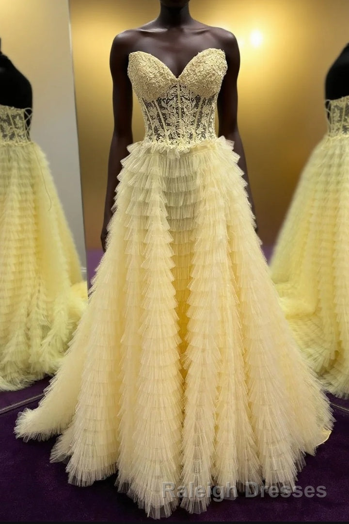 Yellow Lace-Up Floral Multi-Layers Strapless A-line Long Prom Dress Main image