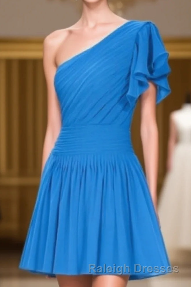 Blue One Shoulder Ruffled Sleeve Short Bridesmaid Dresses