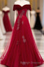 Burgundy Tulle Off Shoulder Long Prom Dress, Burgundy Formal Dress