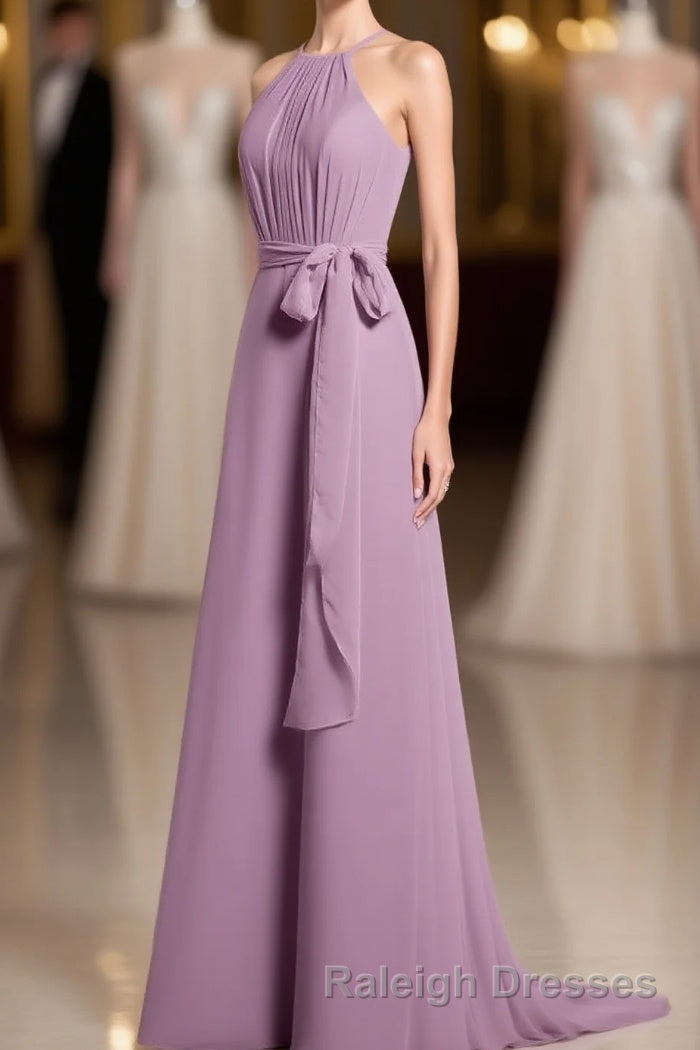 Dusty Purple Halter Keyhole Back Long Bridesmaid Dress Main image