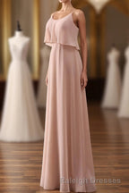 Blush Pink Spaghetti Strap Ruffled Long Bridesmaid Dress
