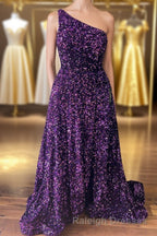 Purple Sequin One-Shoulder Backless A-Line Long Prom Dress
