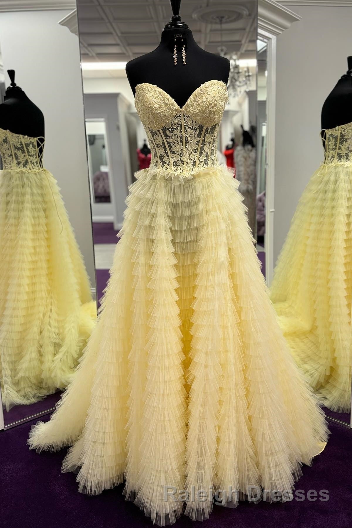 Yellow Lace-Up Floral Multi-Layers Strapless A-line Long Prom Dress Secondary image