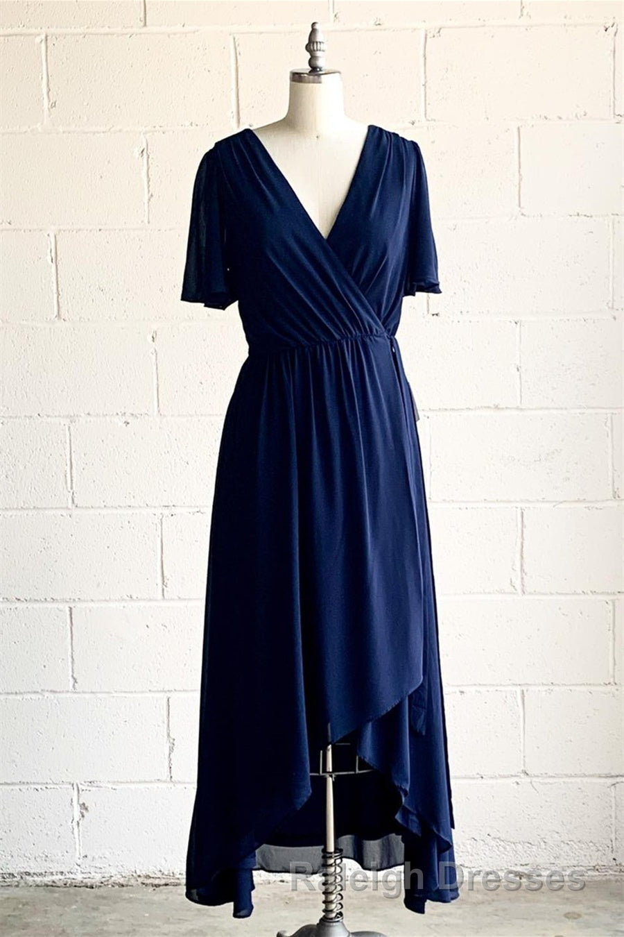 Faux-Wrap V Neck Pleated Chiffon Hi-Low Bridesmaid Dress with Sleeves Secondary image