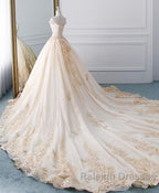 Unique Champagne Tulle Lace Long Wedding Dresses Bridal Gown