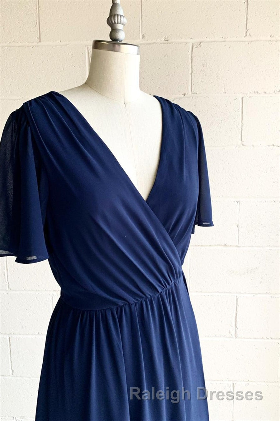 Faux-Wrap V Neck Pleated Chiffon Hi-Low Bridesmaid Dress with Sleeves