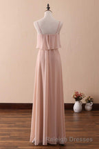 Blush Pink Spaghetti Strap Ruffled Long Bridesmaid Dress