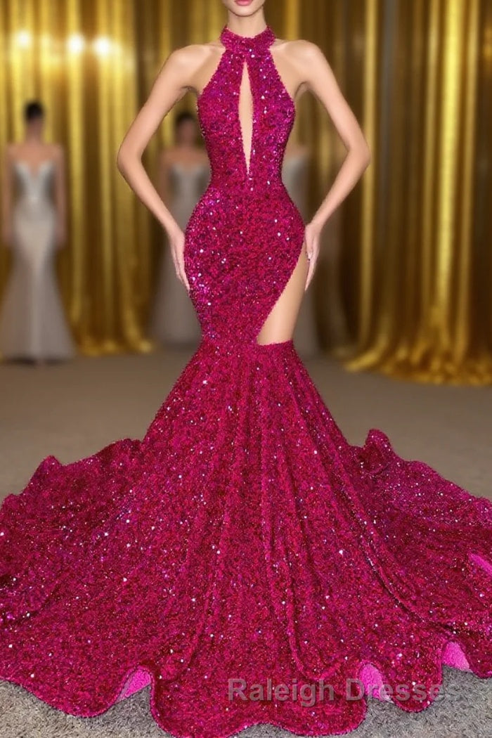 Sparkle Sequined Fuchsia High neck mermaid Keyhole asymmetric cut Prom Dresses