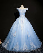 Blue Tulle Lace Off Shoulder Long Prom Dress, Blue Tulle Lace Evening Dress