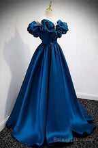 A Line Dark Blue Off-the-Shoulder Stain Prom Gowns